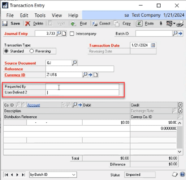GP - GL - new user defined fields
